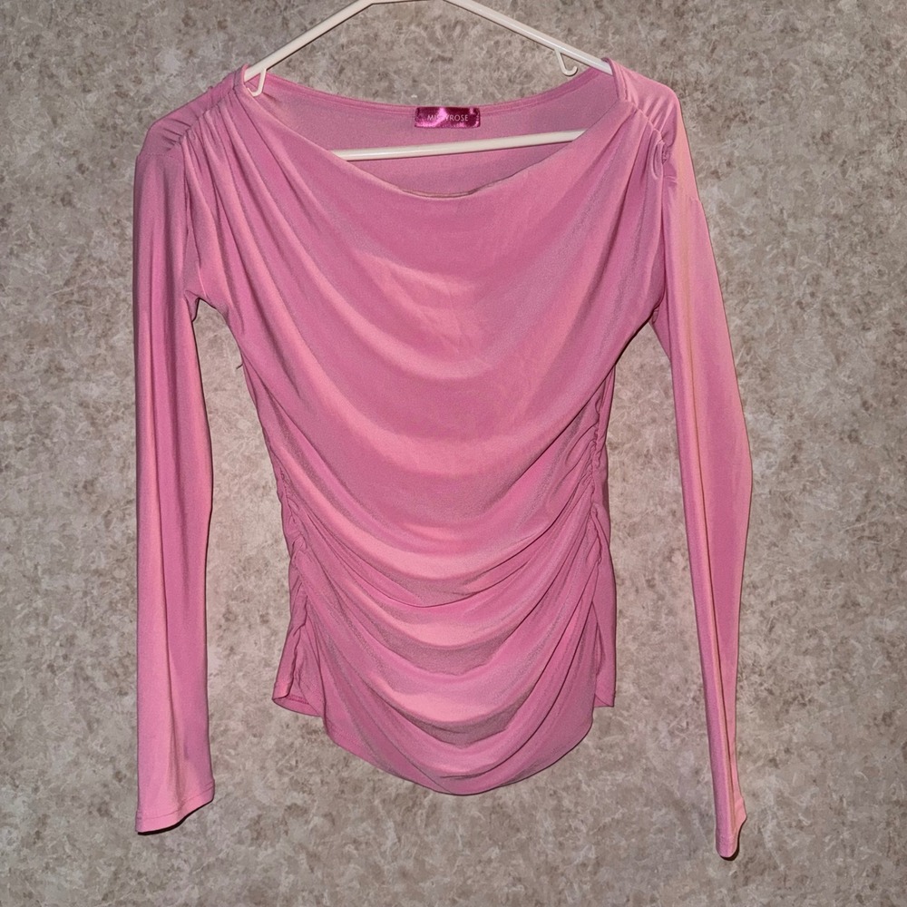 Misty Rose Pink Ruched Long Sleeve Top Boat Neck Draped Blouse Womens